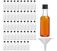 BELLE VOUS 48 Mini Bouteille - Bouteilles Miniatures Réutilisables 50ml Vides en Plastique avec Bouchons Noirs et Entonnoir pour Liquides - Mignonnettes Alcool Excellentes pour Mariages et Fêtes