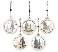 Belle Vous 5 Pcs Suspension Sapin de Noël Décoration Découpée au Laser Boule de Noel avec Sculpture en Bois et Ficelle - Pendentif Ornement