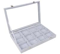 BELLE VOUS Boite a Bijoux en Velours Gris avec 12 Sections et Couvercle en Verre - Boîte à Bijoux Empilable et Modulable pour Bagues, Colliers, Bracelets, Boucles d’Oreilles et Montres