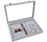 Belle Vous Boite Boucles d’Oreilles et Bijoux en Velours Gris - Plateaux à Bijoux avec Couvercle en Verre Verrouillable et Empilable pour Boucles d’Oreilles, Bagues, Colliers et Bracelets
