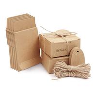 Belle Vous Boite Cadeau Marron Ficelles en Chanvre et Etiquettes (Lot de 50) - Boite Kraft Carrée avec Rabats - 7,5 x 7,5cm x 3,5 cm - Petites Boites Cadeaux pour Fetes Anniversaires Mariages