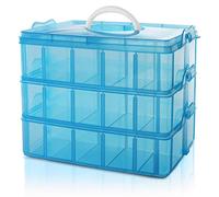 BELLE VOUS Boite de Rangement 3 Étages Empilable en Plastique Bleue - Compartiments Réglables - Maximum 30 Compartiments - Boite en Plastique pour Jouets, Bijoux, Perles, Loisirs Créatifs, Outils