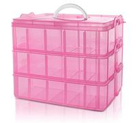 BELLE VOUS Boite de Rangement 3 Étages Empilable en Plastique Rose - Compartiments Réglables - Maximum 30 Compartiments - Boite en Plastique pour Jouets, Bijoux, Perles, Loisirs Créatifs, Outils