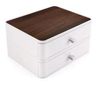 BELLE VOUS Boite Rangement Plastique Bureau Effet Bois avec 2 Tiroirs Blancs - Boite Tiroir Rangement Plastique PP - Bac Rangement Tiroir pour Fournitures, Papeterie, Crayons, Cosmétiques