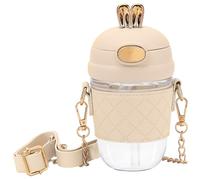 Belle Vous Bouteille d’Eau Couleur Crème avec Paille et Sangle - 380ml - Plastique sans BPA avec Couvercle Étanche - Pour tout Âge - Sport - École - Bureau - Activités de Plein Air