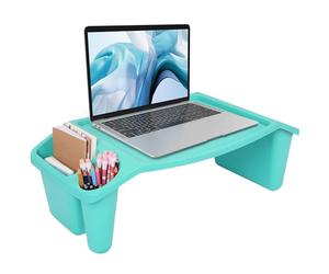 BELLE VOUS Bureau Lit Polyvalent Bleu à 3 Compartiments - Plateau Ordinateur Portable Lit sur Pied avec Rangements Latéraux - Tablette Lit pour PC Portable, Petit Déjeuner, Lecture, Gaming & Plus