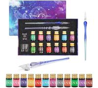 Belle Vous Kit Calligraphie 16 Pièces - 2 Stylos Plume en Verre, Porte-Stylos, Bouteilles d'Encre & Flacon Vide - Ensemble pour Débutant & Adulte - 12 Encres Couleurs Variées 7 ml