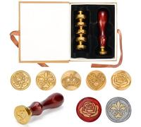 Belle Vous Kit Tampon Cire Vintage avec Têtes en Cuivre Amovibles (7 Pièces) - Sceau Cire Rétro avec Poignée en Bois - Fleur, Coeur et Couronne - Cadeaux, Enveloppes et Invitations de Mariage