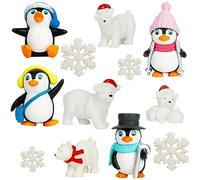 BELLE VOUS Lot de 12 Figurines Noel Décoration - Petit Personnage Miniature en Résine pour l’Artisanat, Jardin Féerique de Poupées & Decorations de Noel - Inclut Pingouins, Ours & Flocons de Neige
