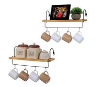 BELLE VOUS Lot de 2 Étagères de Cuisine en Bois - Étagère Murale avec Rail et Crochets - Etagere de Rangement Mural pour Bar à Café - Etagère Décorative - Salle de Bain et WC