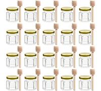 BELLE VOUS Lot de 20 Pots à Miel Hexagonaux en Verre avec Couvercle & Louche en Bois - Mini Pots 40 ml - Pot Mason pour Aliments, Confitures & Épices - Cadeaux de Mariage, Baptême & Fête