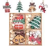 Belle Vous Lot de 24 Ornements de Décoration de Noël en Bois - Decoration pour Sapin de Noel - Kit de Deco en Différentes Couleurs - Décorations Arbre et Cadeaux de Noel