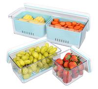 BELLE VOUS Lot de 3 Boîtes de Rangement Empilables avec Panier d’Égouttage - Organisateurs d’Aliments en Plastique Réutilisables pour Légumes et Fruits - Lavables au Lave-Vaisselle