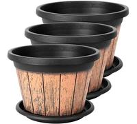 BELLE VOUS Lot de 3 Pots de Fleur Plastique Aspect Demi-Tonneau de Vin - Grand Pot de Fleur Interieur Exterieur 23cm avec Trous Drainage et Soucoupe - Pot pour Plante Maison Jardin