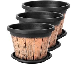 BELLE VOUS Lot de 3 Pots de Fleur Plastique Aspect Demi-Tonneau de Vin - Grand Pot de Fleur Interieur Exterieur 23cm avec Trous Drainage et Soucoupe - Pot pour Plante Maison Jardin