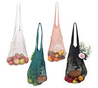 BELLE VOUS Lot de 4 Filet Provision en Maille - Sac Filet Courses en Coton avec Poignée - Filet a Provision Portable, Réutilisable et Lavable - Fruits, Légumes, Provisions et Jouets de Plages