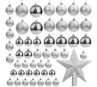 Belle Vous Lot de 50 Boules de Noel Argent avec Etoile - Boule de Sapin Brillantes de Différentes Tailles avec 1 Etoile - Decoration Sapin Noel pour Fête de Noël, Déco Intérieure et Extérieure