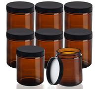 Belle Vous Lot de 8 Mini Bocaux en Verre Arrondis - 240 ml - Bocal en Verre avec Couvercle Noir Réutilisable - Pot Vide Cosmétiques, Lotion, Crème Visage, Huile Essentielle et Maquillage (Ambre)
