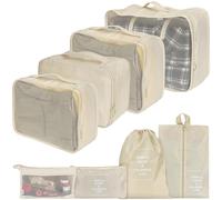 BELLE VOUS Lot de 8 Pochettes de Voyage Couleur Crème - Sac de Rangement Valise Multifonctionnel - Sac de Rangement Étanche et Compressible pour Vêtements et Articles de Toilette