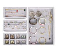 BELLE VOUS Plateau Bijoux Empilable en Velours Gris (Lot de 4) - 35,3 x 24,2 cm - Rangement Bijoux Tiroir - Sections Amovibles pour Colliers, Bagues, Bracelets et Boucles d’Oreilles
