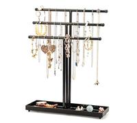 BELLE VOUS Presentoir Bijoux en Métal Noir à 3 Niveaux et Plateau de Rangement - Arbre a Bijoux de Table - Porte Collier, Bracelets, Bagues, Montres et Boucles d’Oreilles