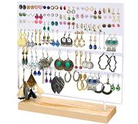 BELLE VOUS Présentoir Boucles d’Oreilles en Métal Blanc avec Base en Bois - 144 Trous, 3 Niveaux - Porte Boucles d’Oreilles Pendantes, à Clous & Colliers pour Femmes & Filles