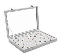 BELLE VOUS Rangement Bague en Velours Gris avec Couvercle et 100 Encoches - Boite à Bijoux avec Couvercle en Verre Transparent pour Bagues, Boucles d’Oreilles et Boutons de Manchettes