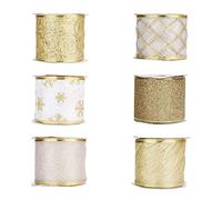 Belle Vous Ruban de Noël (Lot de 6) - Large Rouleau d'Organza Or 5,5 m x 63 mm avec Designs Assortis - Emballage Cadeau pour Sapins, Loisirs Créatifs, Nœuds, Mariages et Fêtes