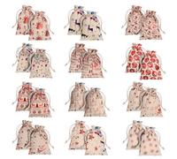 Belle Vous Sachets Noel avec Cordon (Lot de 24) - Pochon Tissu en Toile de Jute en Lin en 12 Motifs Festifs - Motifs Père Noël et Renne - Petit Sac Noel en Lin Écologique