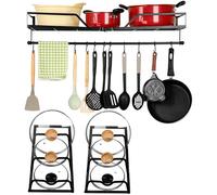 BELLE VOUS Support 3-en-1 pour Ustensiles de Cuisine - Étagère Murale en Fer Inox pour Casserole et Poele - Etagere Rangement Mural - 10 Crochets Porte Casseroles - Rail Détachable