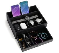 BELLE VOUS Vide Poche Noir à 7 Compartiments avec Tiroir - Rangement Clef, Portefeuille, Téléphone, Bijoux/Accessoires, Argent - Plateau pour Chevet