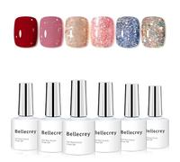 BELLECREY Lot de 6 vernis à ongles en gel à paillettes - Rouge rose scintillant - Argenté/bleu - Soak Off - Manucure - Pour salon de manucure à la maison - Cadeaux pour femme