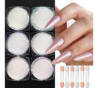 Bellecrey Poudre à ongles nacrée 6 couleurs, chromée blanche nacrée, holographique pailletée pigmentée avec pinceaux poussière ongles, Blanc, Rose, Violet, Bleu, Vert, Or