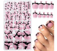 BelleFlair 150 pièces Set de faux ongles noirs pour pieds, ongles pressés noirs à coller, ongles français carrés courts, 15 tailles d'ongles pour pédicure pour femmes