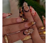 BelleFlair 24Pcs 3D Press on Nails Almond, ongles artificiels faits à la main avec design, flocons d'or marron fleurs écaille de tortue léopard, ongles à pression style français, ongles pour femmes