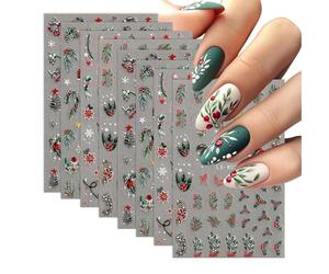 BelleFlair 8 feuilles autocollants d'ongles 5D Noël, autocollants d'hiver autoadhésifs, flocon de neige houx tatouages d'ongles pour Nail Art, design ongles du réveillon, décoration festive pour