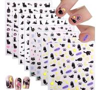 BelleFlair 8 feuilles d'autocollants pour ongles autocollants, autocollants pour ongles chat noir, autocollants mignons dessin animé pour enfants femmes filles, autocollants pour ongles pour