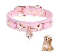 BelleFlair Collier pour Chiens Roses pour Petits Chiens, Collier de Chiot en Cuir PU avec Pendentif cœur en Strass, Collier réglable pour Chiot Chihuahua avec Boucle dorée et Clous (XS)