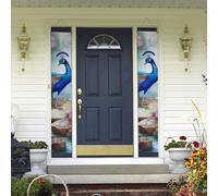 Belles bannières de porte à suspendre paons et lotus pour le printemps et l'été - Bannière de porche « Happy Birthday » - Bannière de fond photo - Panneau de porte d'entrée pour cour intérieure et