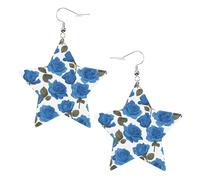 Belles boucles d'oreilles en cuir avec imprimé roses bleues en forme d'étoile, accessoires légers et élégants pour les fêtes, les danses et la vie quotidienne.