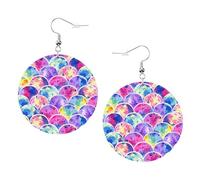 Belles boucles d'oreilles rondes en cuir avec motif sirène aux couleurs de l'arc-en-ciel - 1 paire de boucles d'oreilles pendantes élégantes en cuir - Pour femme - Bijoux cadeaux, One Size, Polyester