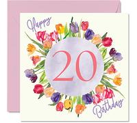 Belles cartes d'anniversaire pour 20e anniversaire pour femme - Bouquet de fleurs de tulipes aquarelles - Carte d'anniversaire pour elle fille petite-fille sœur cadeau d'anniversaire 145mm