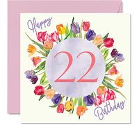 Belles cartes d'anniversaire pour 22e anniversaire pour femme - Bouquet de fleurs de tulipes aquarelles - Carte d'anniversaire pour fille, tante, sœur, amie, cadeau d'anniversaire, 145 mm x 145 mm