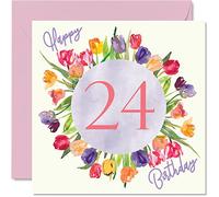 Belles cartes d'anniversaire pour 24e anniversaire pour femme - Bouquet de fleurs de tulipes aquarelles - Carte d'anniversaire pour sa fille, tante, sœur, amie, cadeau d'anniversaire, 145 mm x 145 mm