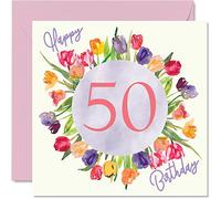 Belles cartes d'anniversaire pour 50e anniversaire pour femme - Bouquet de tulipes aquarelles - Carte d'anniversaire pour elle grand-mère maman cadeau d'anniversaire