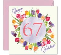 Belles cartes d'anniversaire pour femme pour 67e anniversaire - Bouquet de tulipes aquarelles - Carte d'anniversaire pour elle grand-mère maman cadeau d'anniversaire