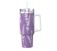 Belles fleurs de lavande violettes,Gobelet isotherme Ice Bully de 40 oz avec poignée, couvercle et paille, en acier inoxydable, pour voiture ou café.