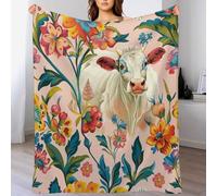 Belles Fleurs Vache Animal Feuille Couvertures Lit Lavable Plaid Canape Douillette Couverture pour Chaise Domicile l'hiver M
