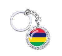 Belles Rayures De Mode Porte-Clés Drapeau De L'Île Maurice,Femmes Verre Porte-Clés Bijoux En Strass,Sac De Voiture Portefeuille Ornements Artisanat Accessoire Décoration Cabochon Pendentif Ca
