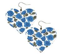Belles roses bleues imprimées élégantes boucles d'oreilles en forme de cœur légères accessoires pour femmes parfaites pour les fêtes et la Saint-Valentin.